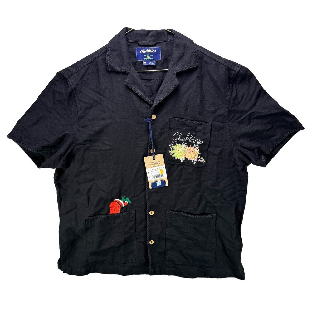 Chubbies Linen Shirt Mens Medium Black Button Up Camp Santa Short Sleeve NWT